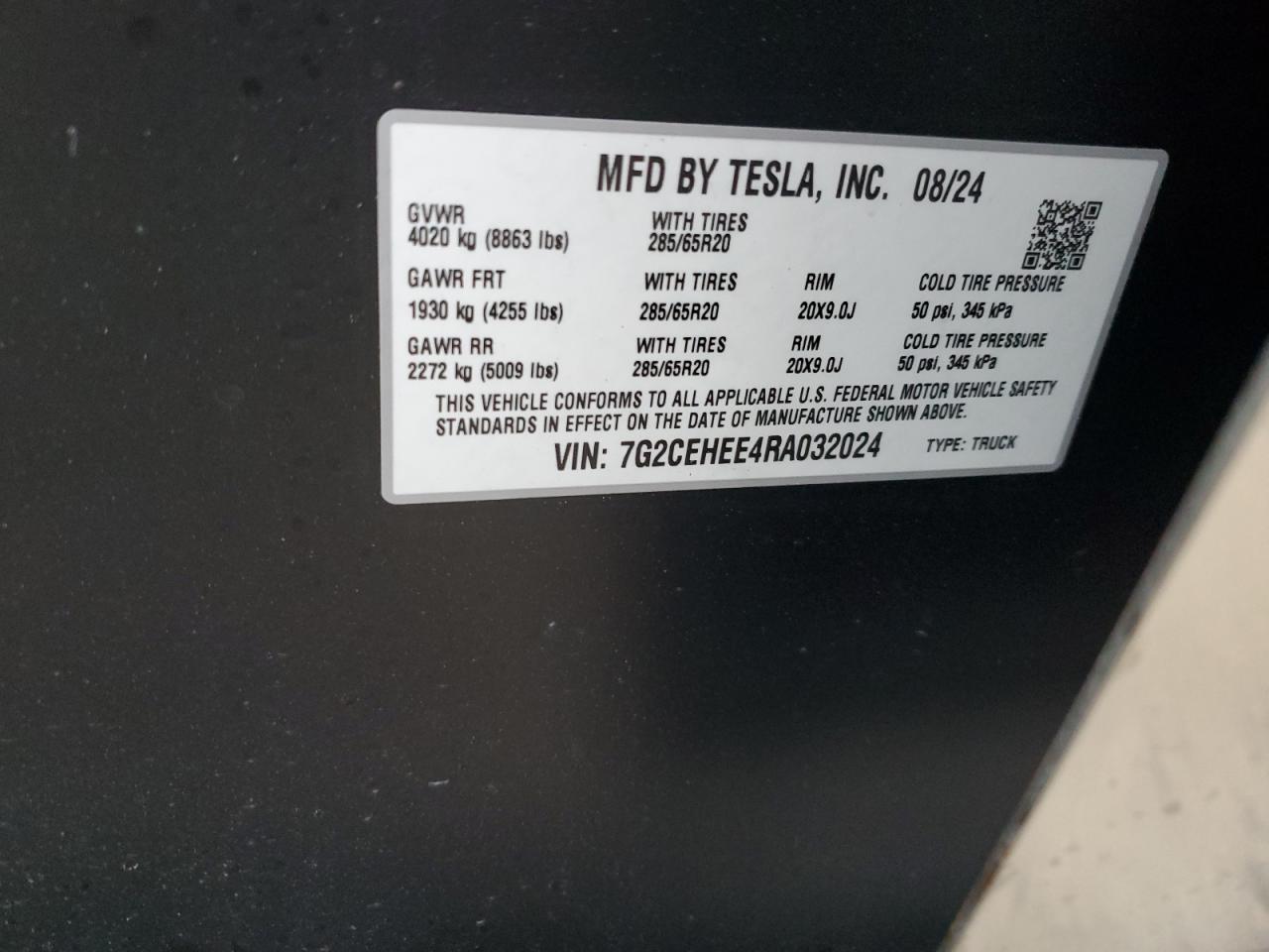 2024 Tesla Cybertruck VIN: 7G2CEHEE4RA032024 Lot: 79507994