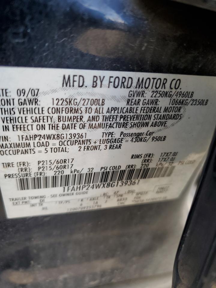 2008 Ford Taurus Sel VIN: 1FAHP24WX8G139361 Lot: 78180634