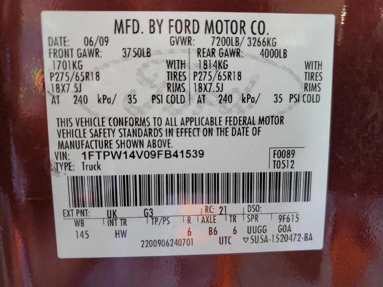 2009 Ford F150 Supercrew VIN: 1FTPW14V09FB41539 Lot: 80276164