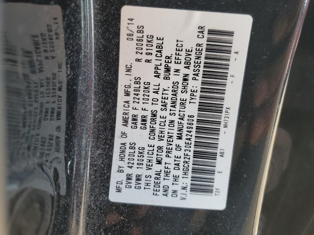 VIN 1HGCR2F30EA249806 2014 HONDA ACCORD no.12