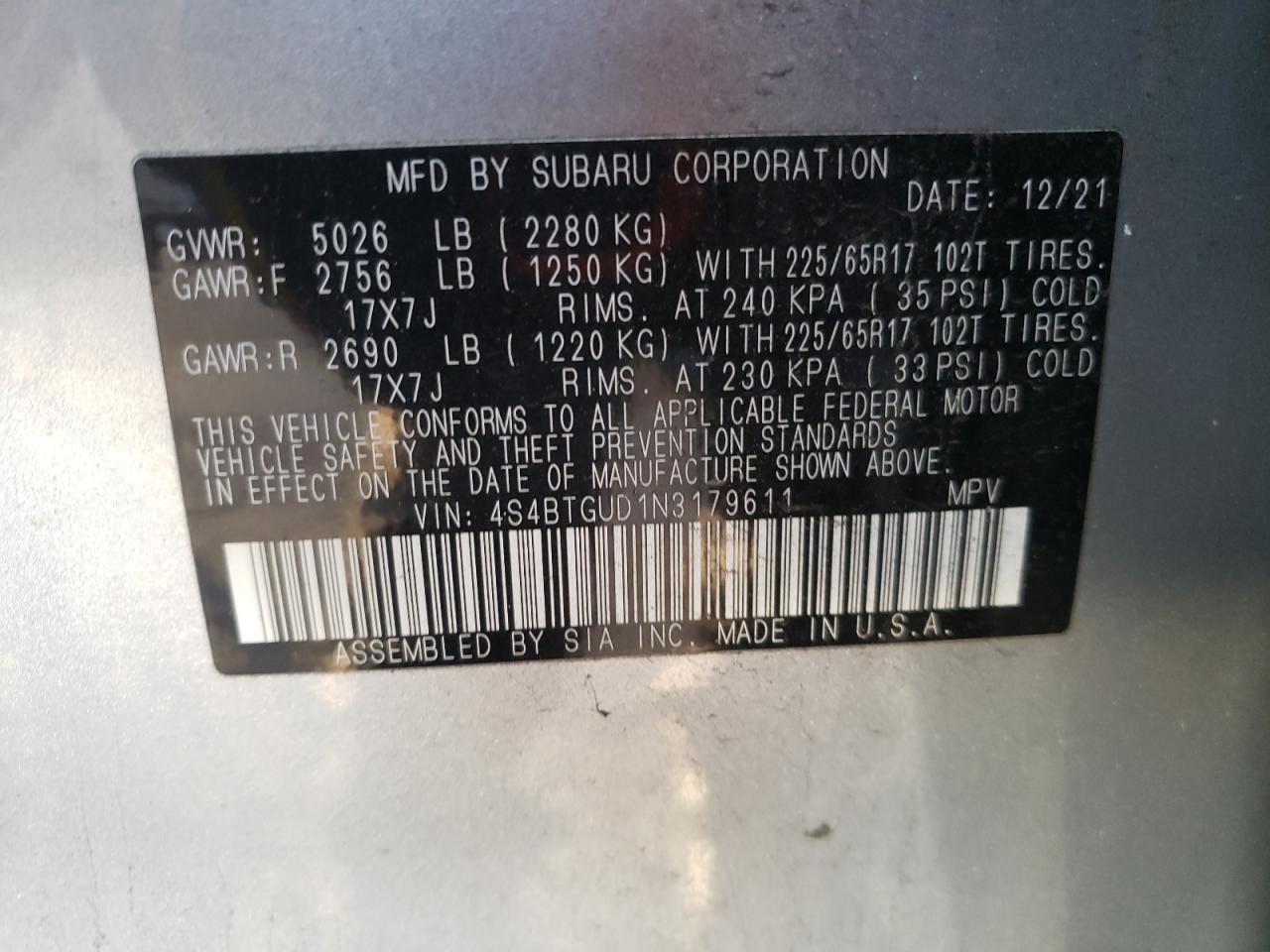 2022 Subaru Outback Wilderness VIN: 4S4BTGUD1N3179611 Lot: 81991584