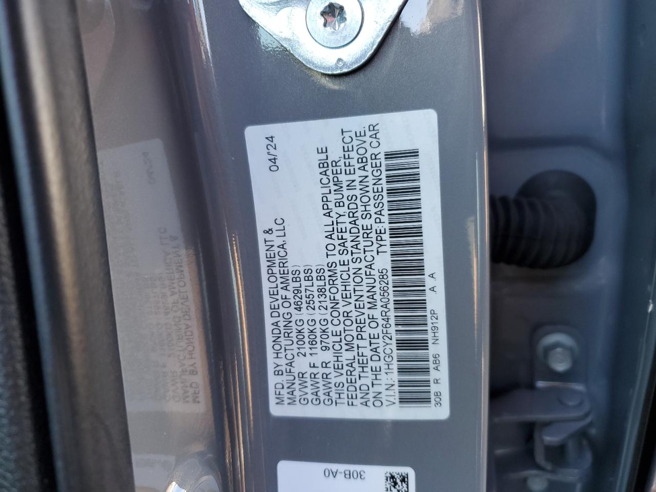 2024 Honda Accord Hybrid Exl VIN: 1HGCY2F64RA056285 Lot: 79656594