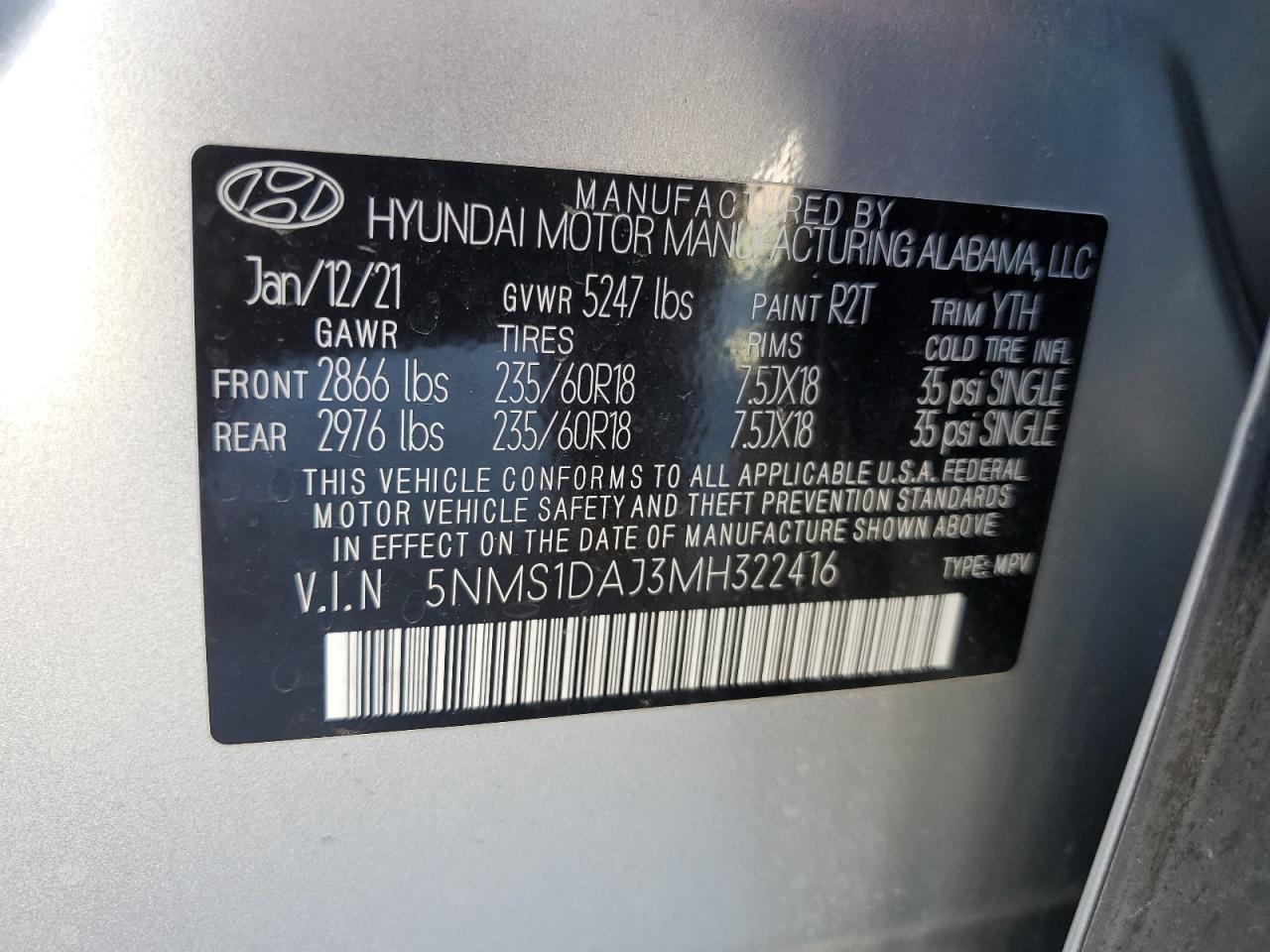 VIN 5NMS1DAJ3MH322416 2021 HYUNDAI SANTA FE no.14