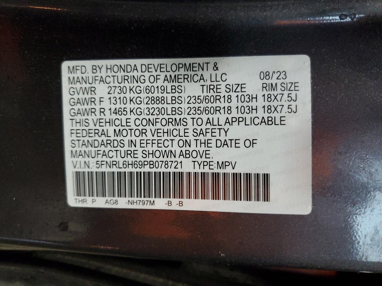 2023 Honda Odyssey Exl VIN: 5FNRL6H69PB078721 Lot: 78875964