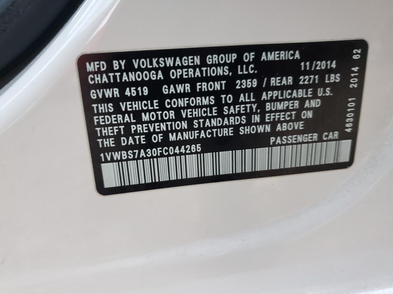 1VWBS7A30FC044265 2015 VOLKSWAGEN PASSAT - Image 14