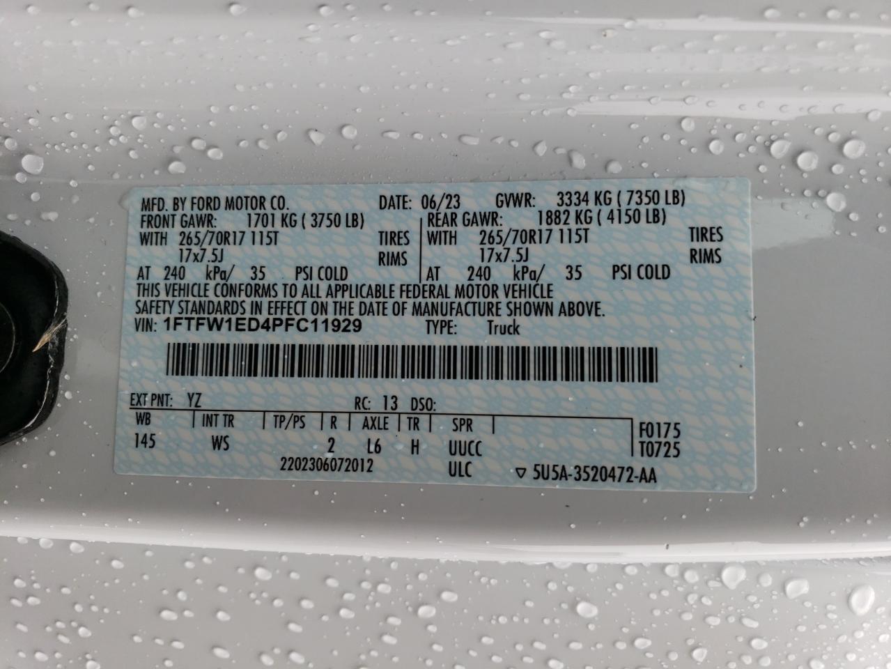 2023 Ford F150 Supercrew VIN: 1FTFW1ED4PFC11929 Lot: 80270944