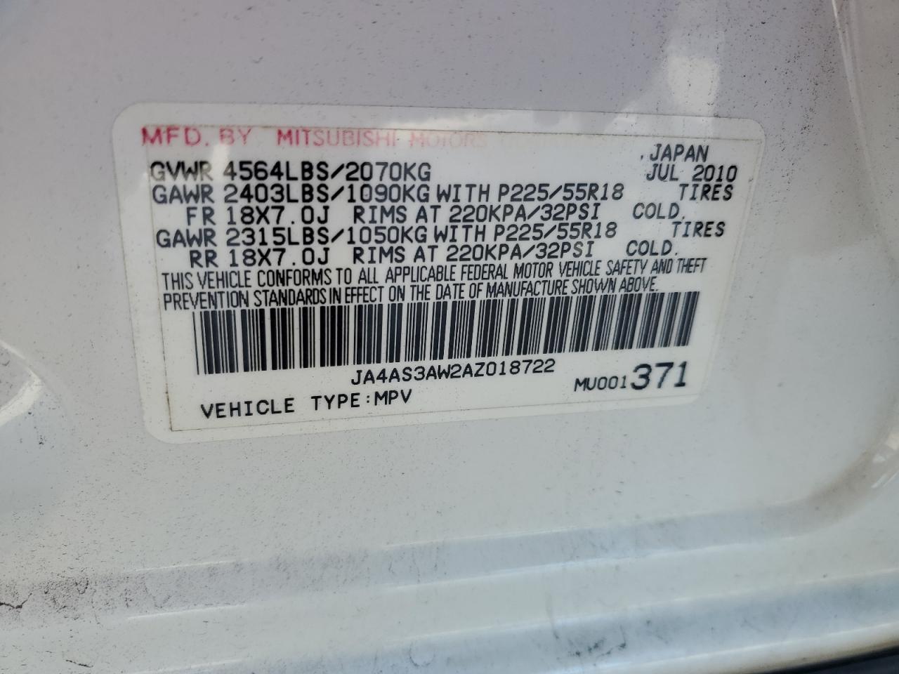 2010 Mitsubishi Outlander Se VIN: JA4AS3AW2AZ018722 Lot: 80714664