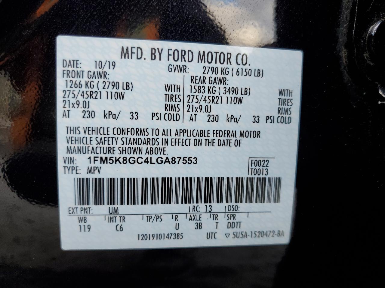 2020 Ford Explorer St VIN: 1FM5K8GC4LGA87553 Lot: 80048754