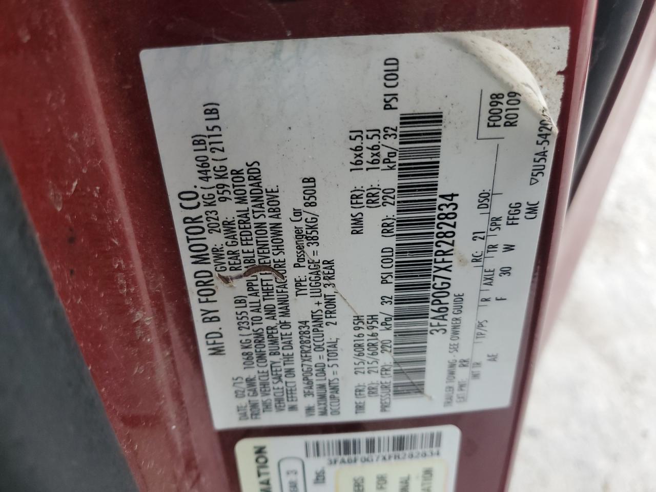 2015 Ford Fusion S VIN: 3FA6P0G7XFR282834 Lot: 81734184