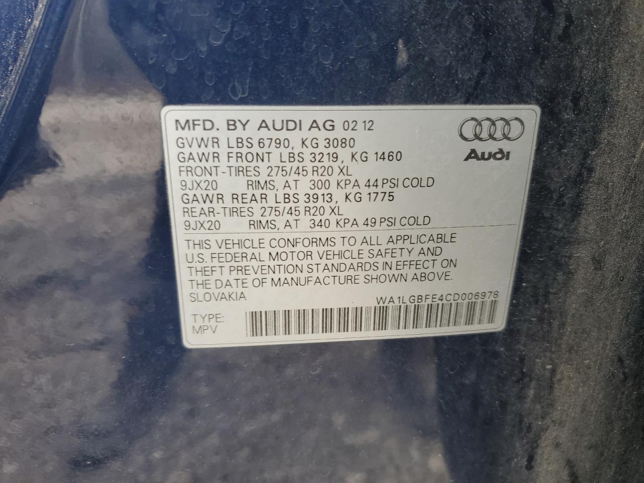 2012 Audi Q7 Premium Plus VIN: WA1LGBFE4CD006978 Lot: 80418674