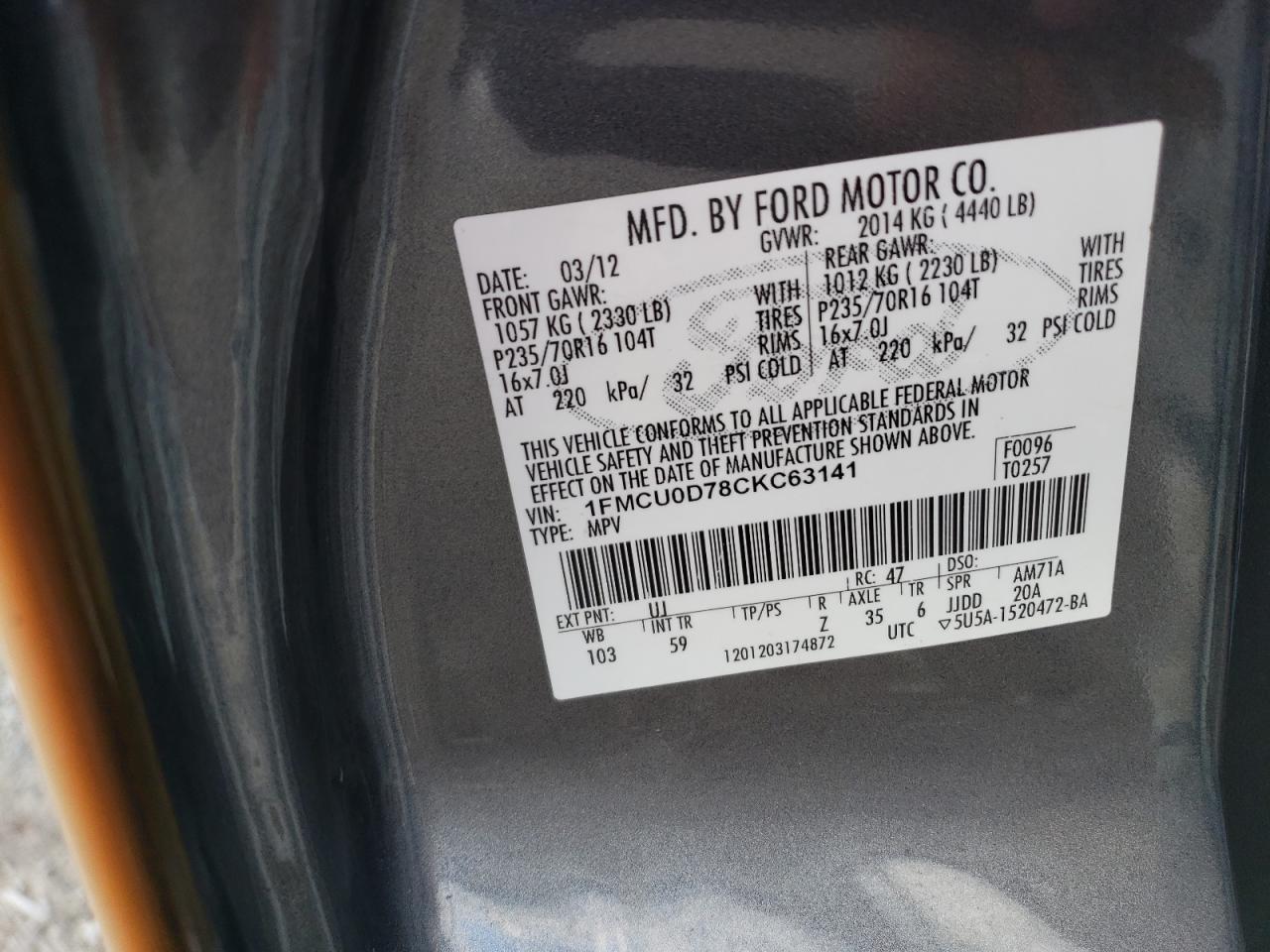 2012 Ford Escape Xlt VIN: 1FMCU0D78CKC63141 Lot: 79441684