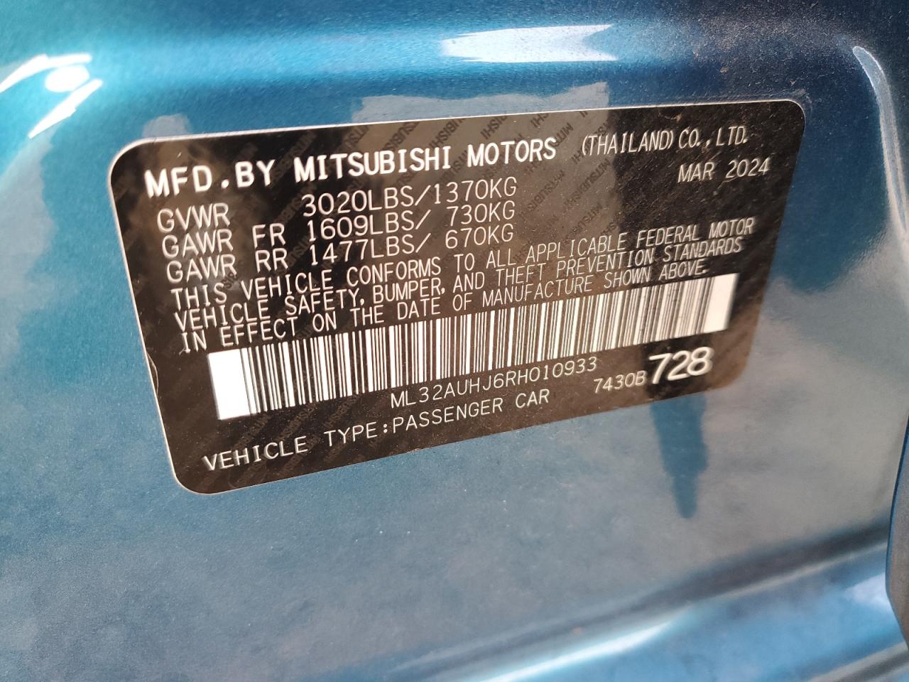 2024 Mitsubishi Mirage Es VIN: ML32AUHJ6RH010933 Lot: 79062974