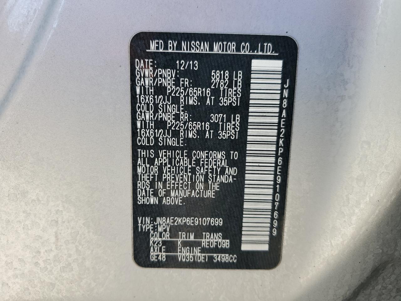 2014 Nissan Quest S VIN: JN8AE2KP6E9107699 Lot: 77907964