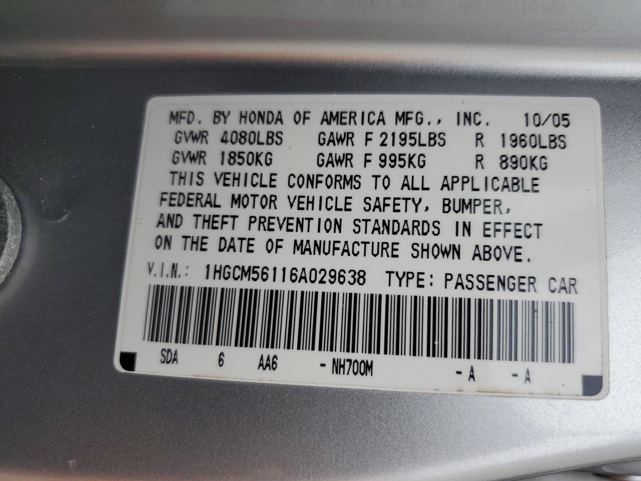 2006 Honda Accord Value VIN: 1HGCM56116A029638 Lot: 79216844