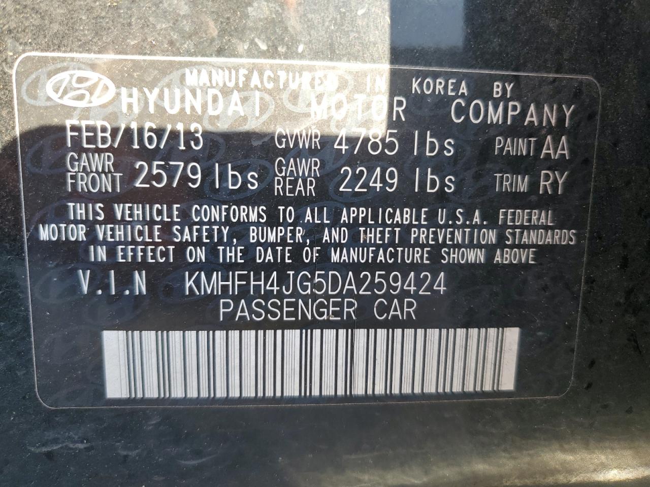 2013 Hyundai Azera Gls VIN: KMHFH4JG5DA259424 Lot: 80122664