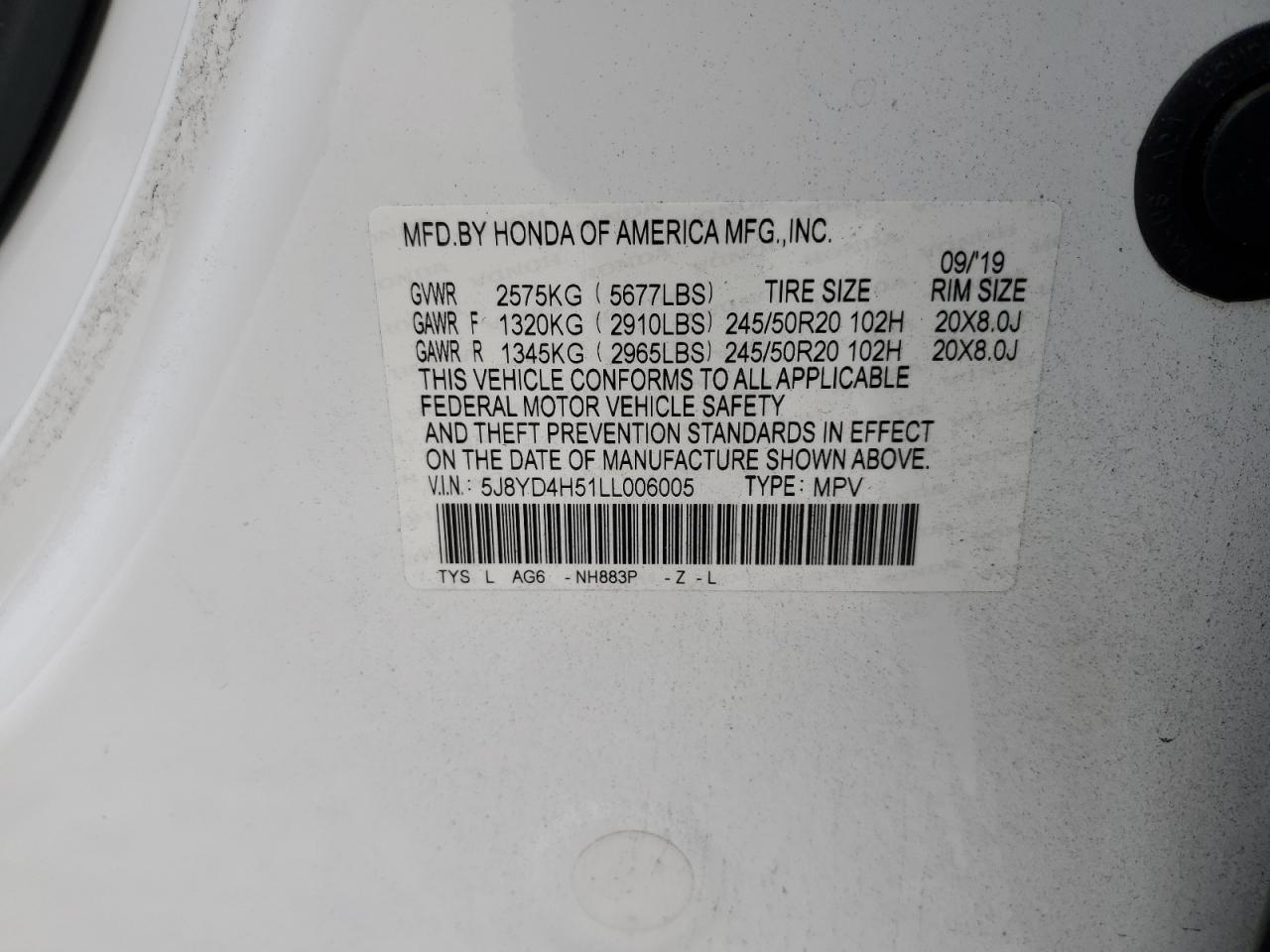 VIN 5J8YD4H51LL006005 2020 ACURA MDX no.13