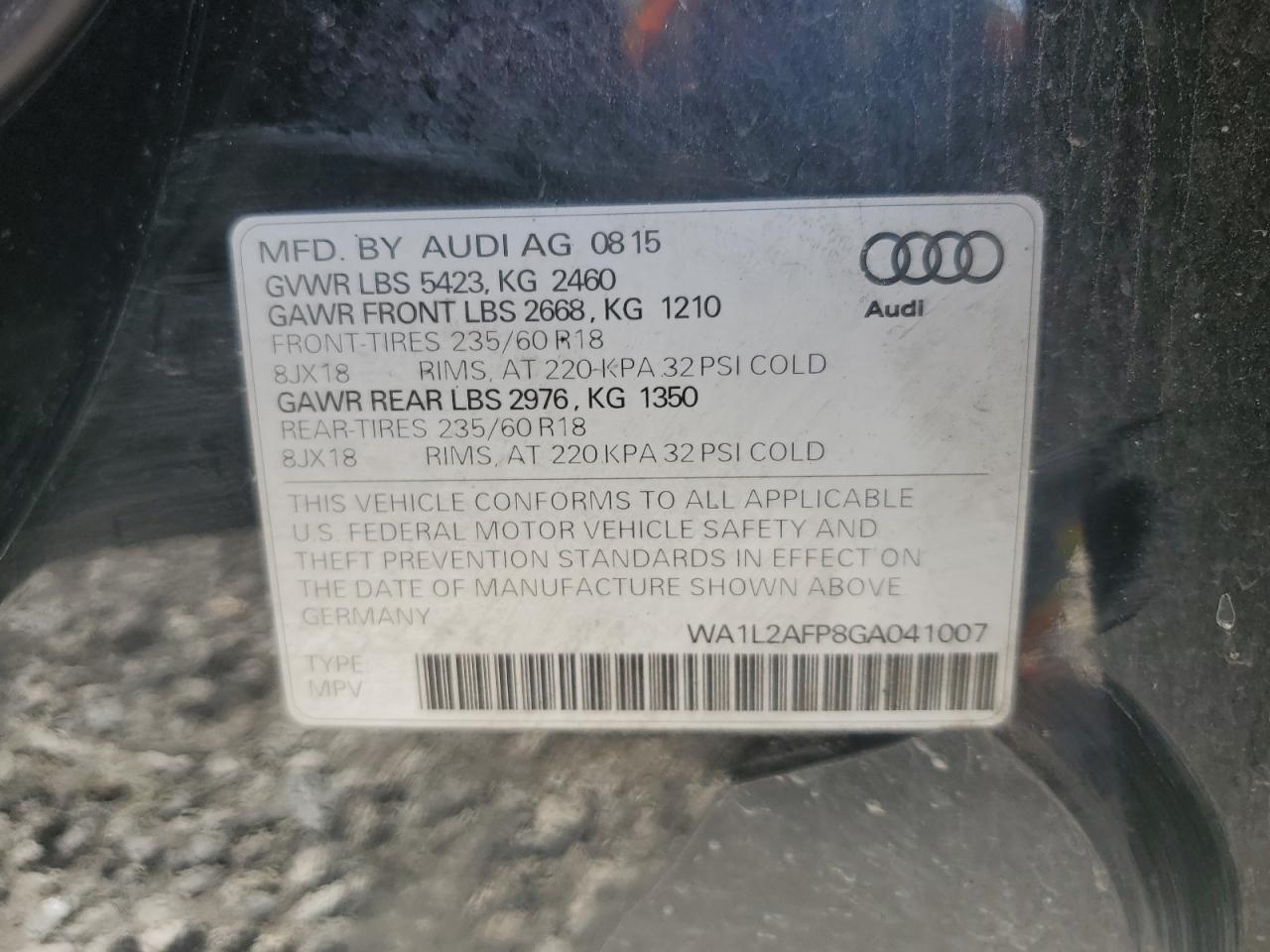 2016 Audi Q5 Premium Plus VIN: WA1L2AFP8GA041007 Lot: 78905754