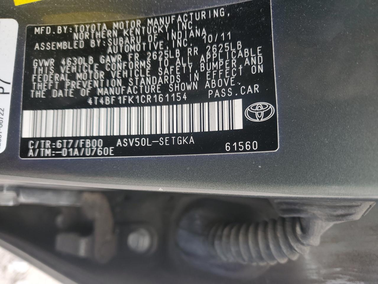 4T4BF1FK1CR161154 2012 Toyota Camry Base