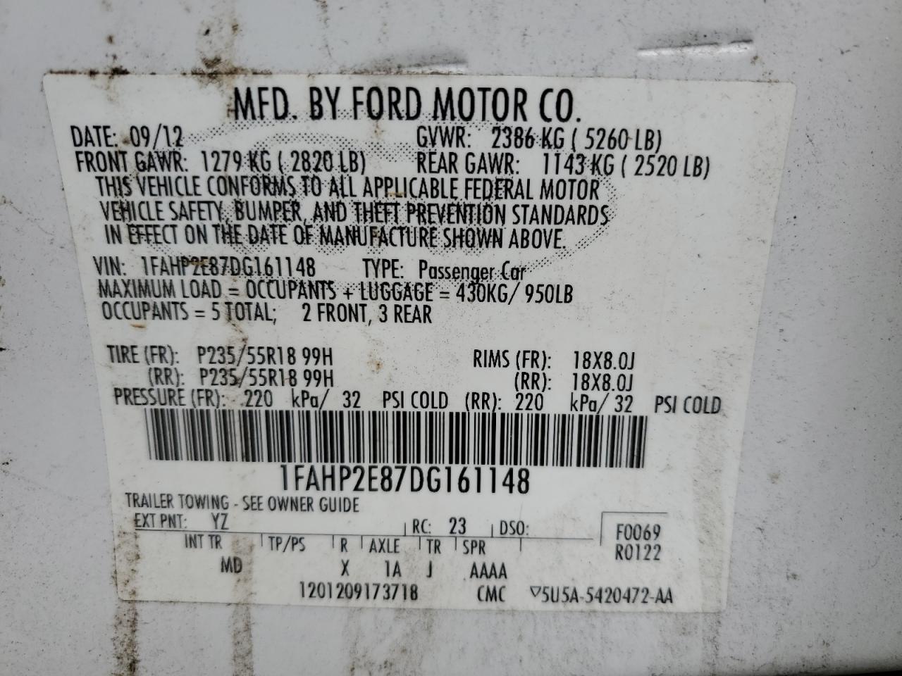 2013 Ford Taurus Sel VIN: 1FAHP2E87DG161148 Lot: 78202974