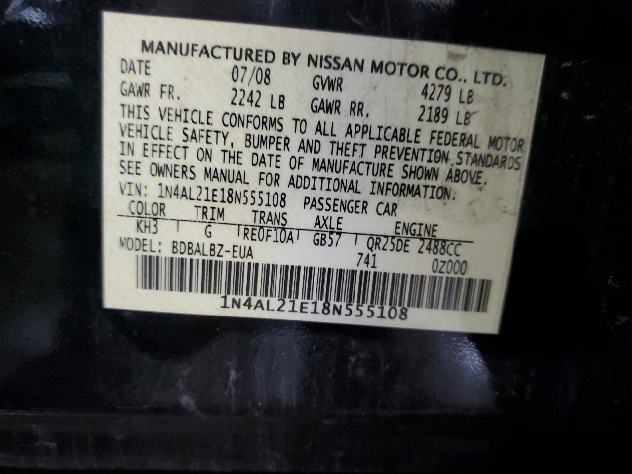 1N4AL21E18N555108 2008 Nissan Altima 2.5