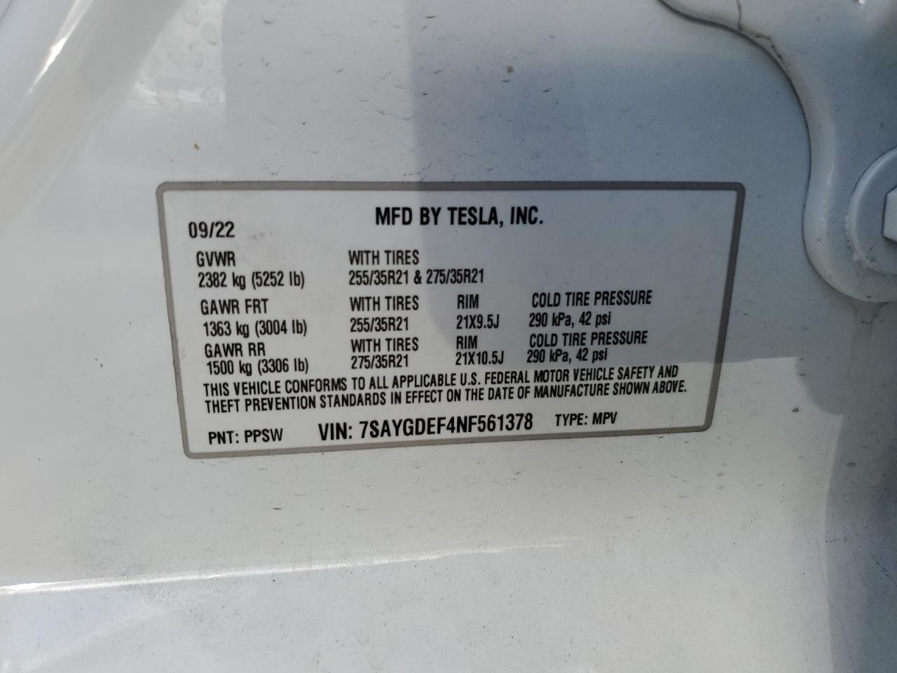 2022 Tesla Model Y VIN: 7SAYGDEF4NF561378 Lot: 79563164