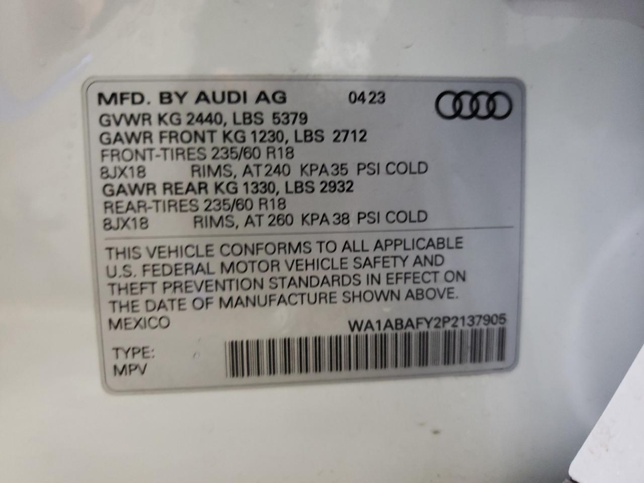 2023 Audi Q5 Premium 40 VIN: WA1ABAFY2P2137905 Lot: 79050274