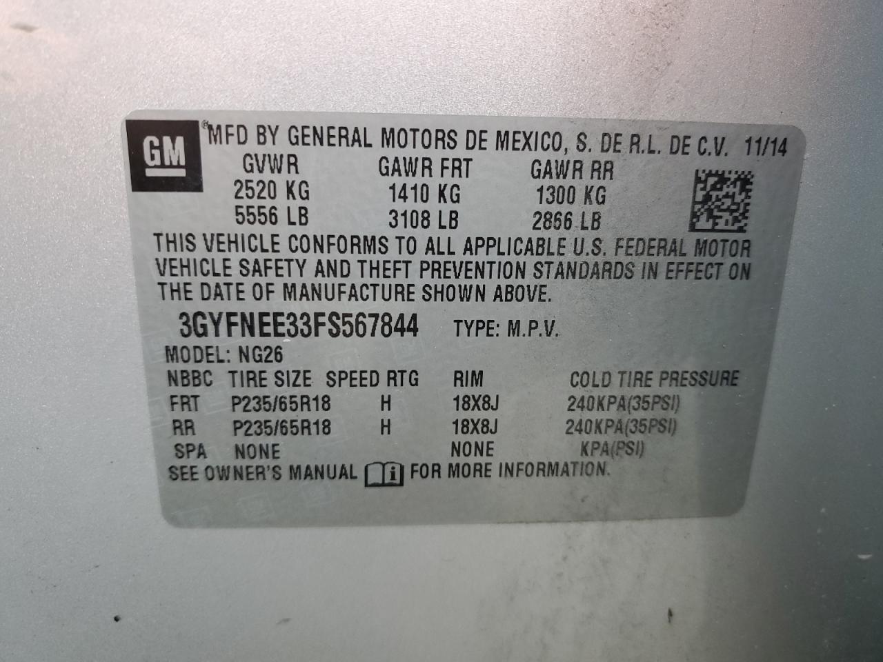 VIN 3GYFNEE33FS567844 2015 CADILLAC SRX no.13