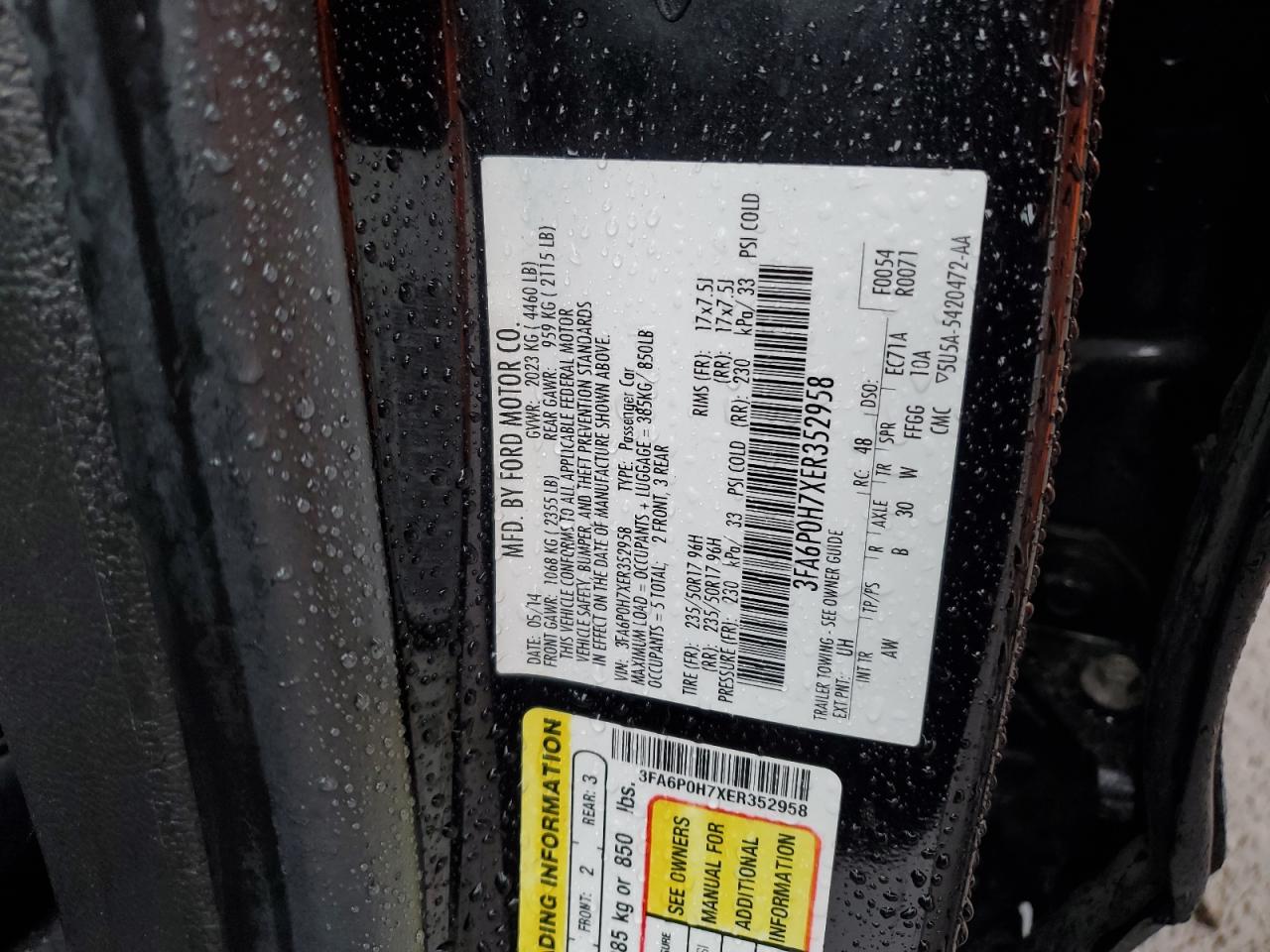 VIN 3FA6P0H7XER352958 2014 FORD FUSION no.12