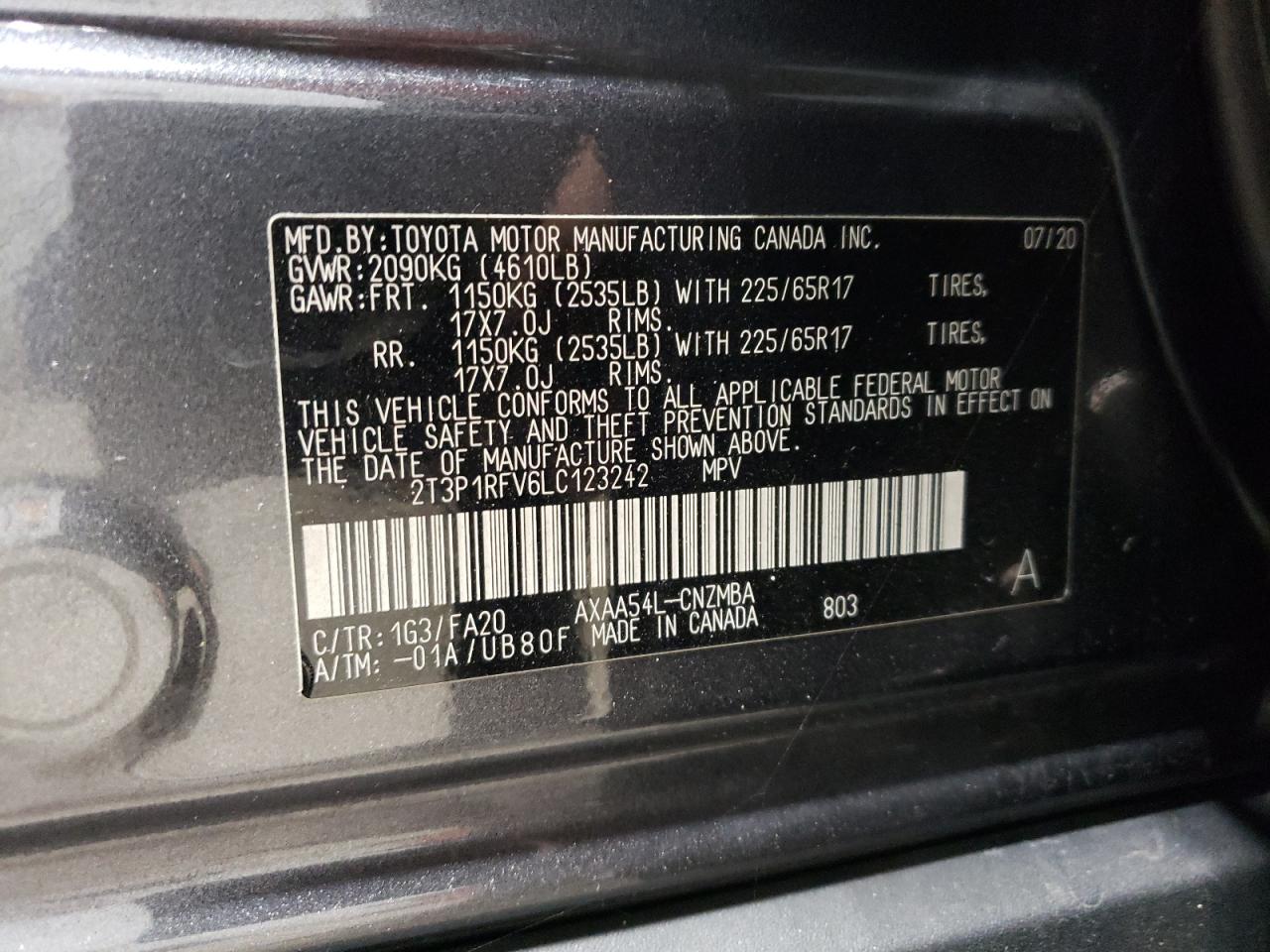 VIN 2T3P1RFV6LC123242 2020 TOYOTA RAV4 no.14