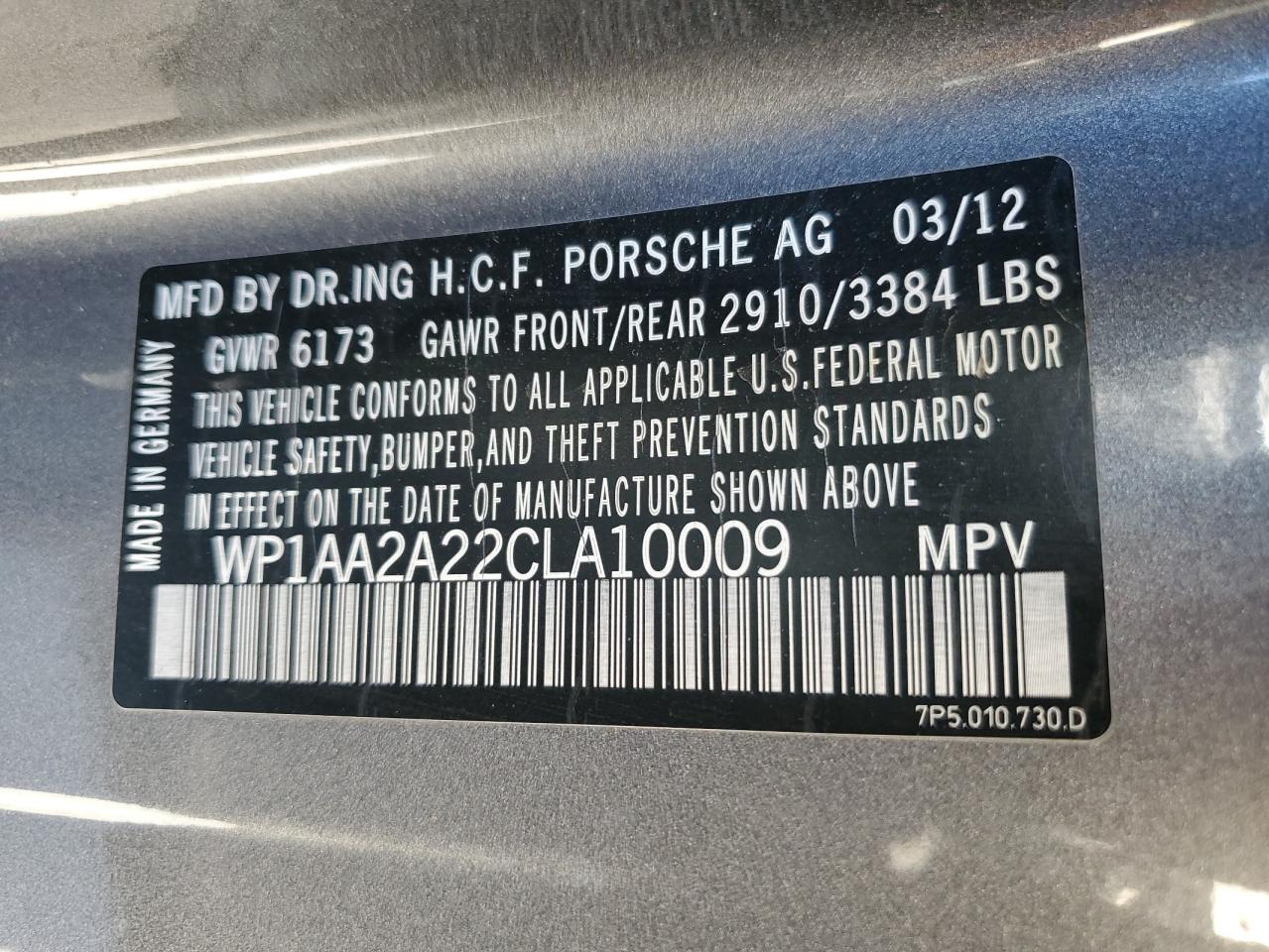 2012 Porsche Cayenne VIN: WP1AA2A22CLA10009 Lot: 81610134