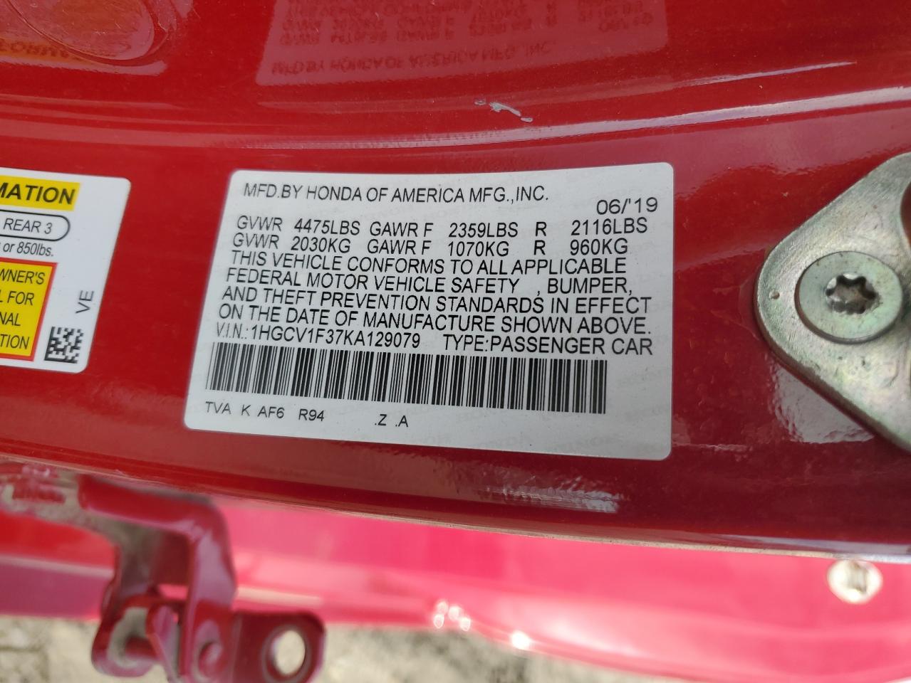 VIN 1HGCV1F37KA129079 2019 HONDA ACCORD no.12