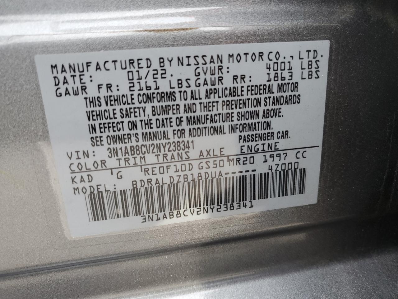 2022 Nissan Sentra Sv VIN: 3N1AB8CV2NY238341 Lot: 81005804