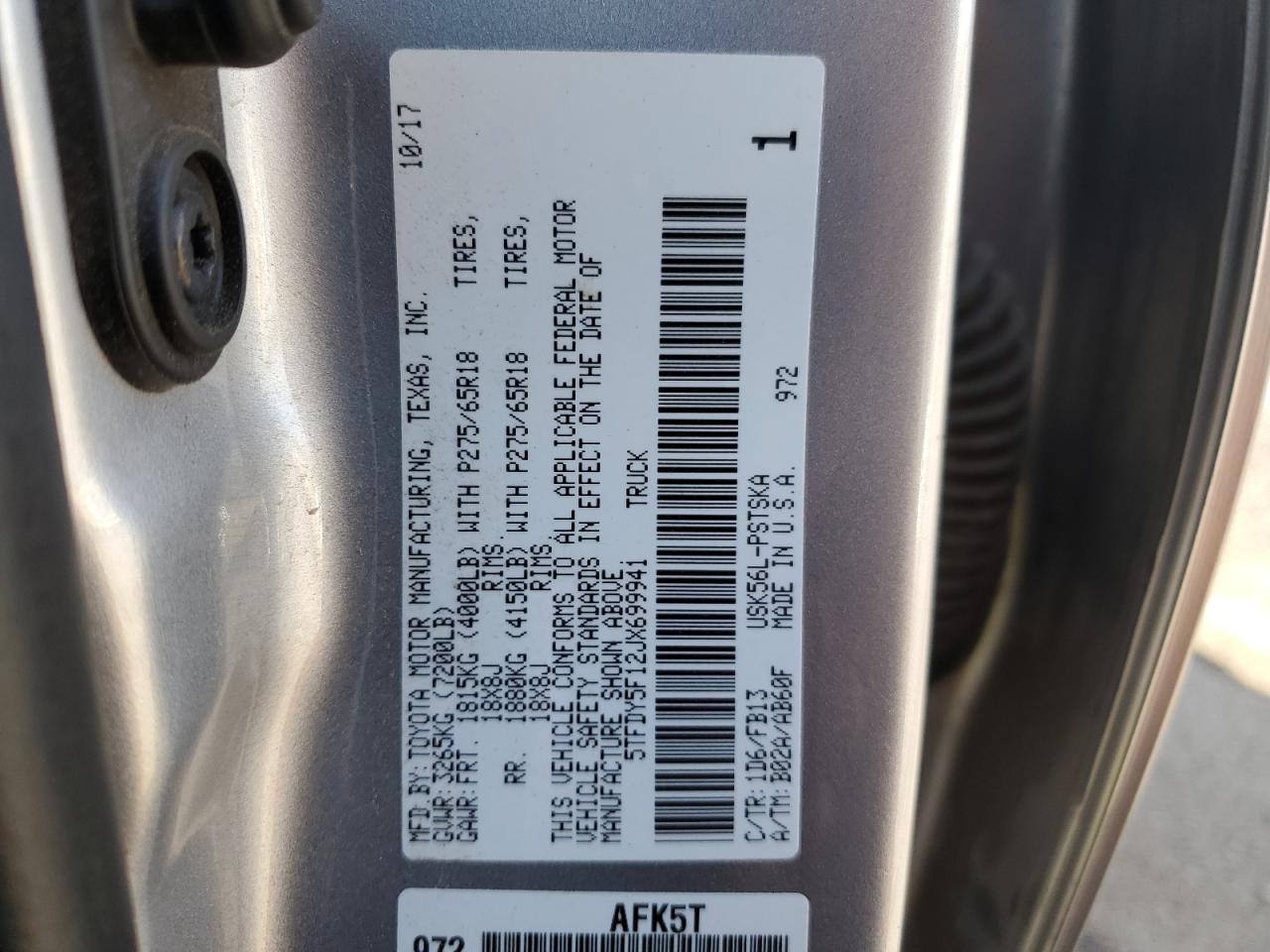 VIN 5TFDY5F12JX699941 2018 TOYOTA TUNDRA no.12