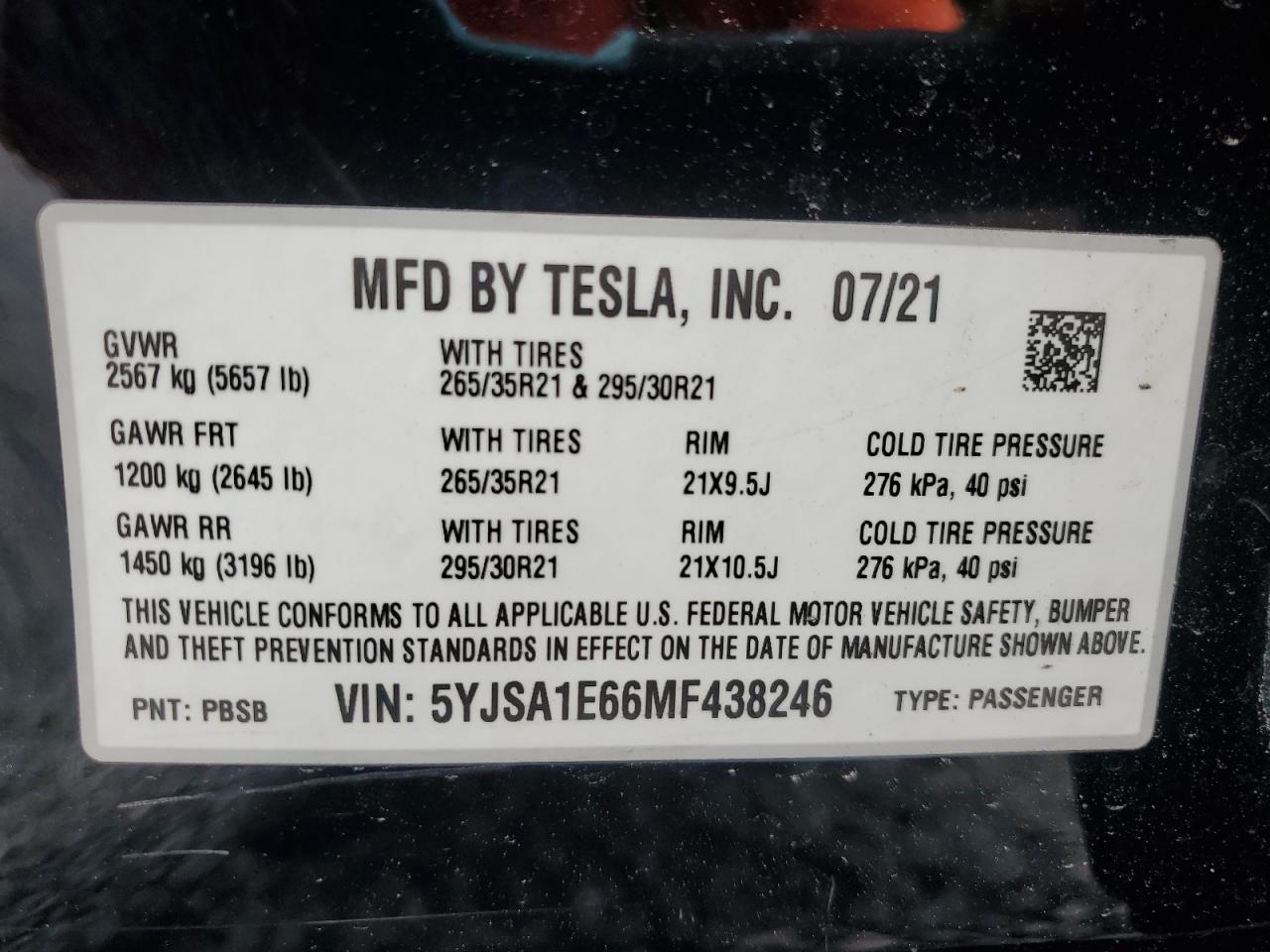 2021 Tesla Model S VIN: 5YJSA1E66MF438246 Lot: 80235554