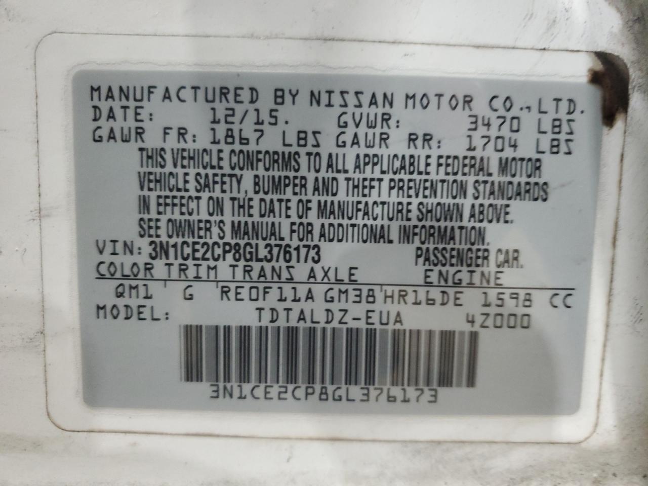 VIN 3N1CE2CP8GL376173 2016 NISSAN VERSA no.12