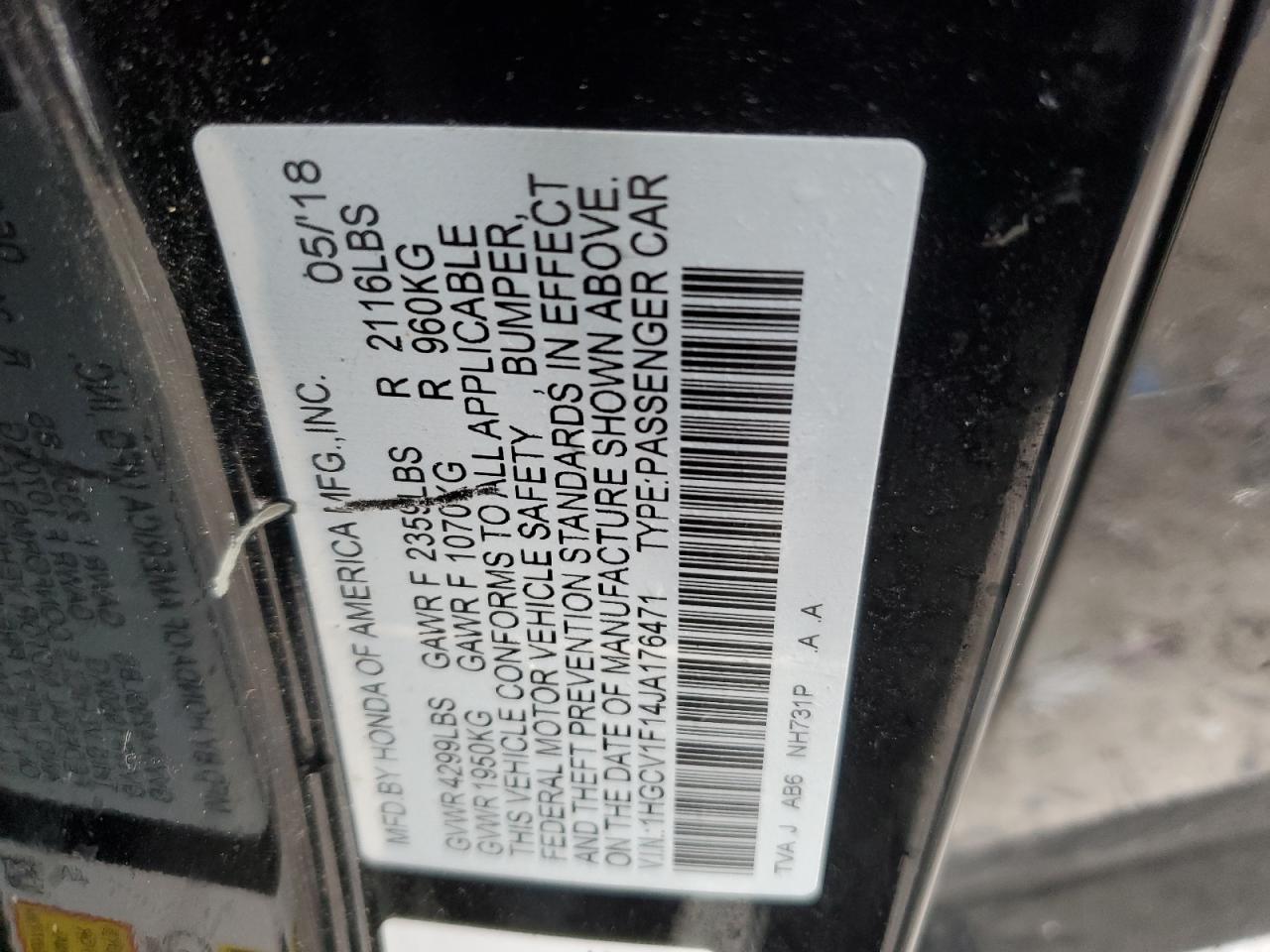 VIN 1HGCV1F14JA176471 2018 HONDA ACCORD no.12