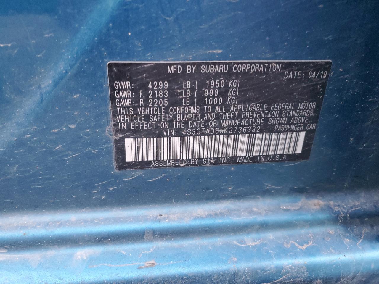 2019 Subaru Impreza Premium VIN: 4S3GTAD65K3736332 Lot: 81922224