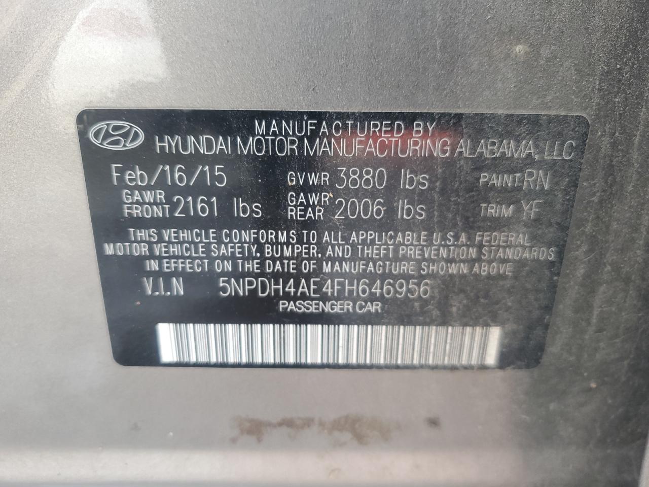 2015 Hyundai Elantra Se VIN: 5NPDH4AE4FH646956 Lot: 81913674