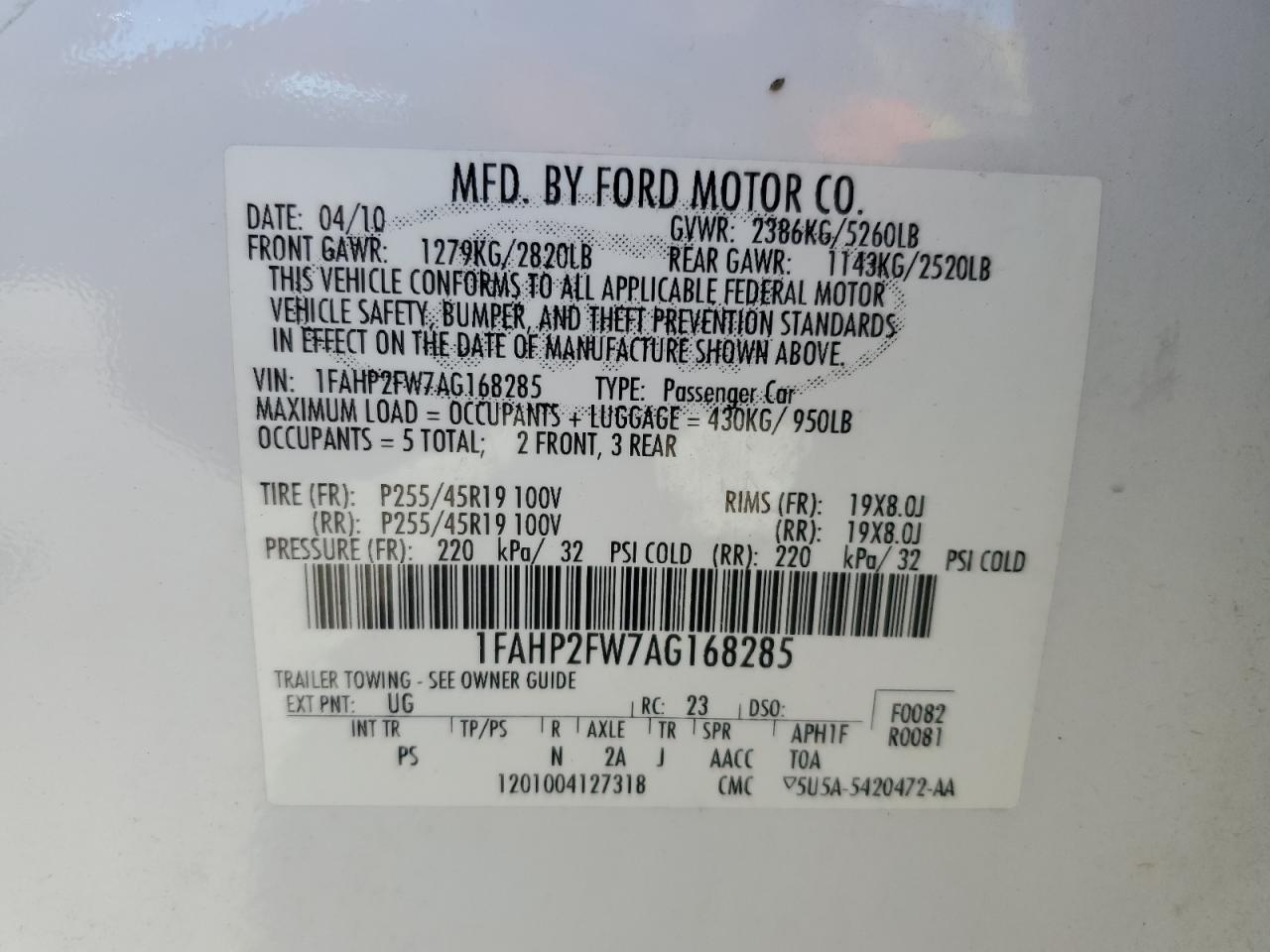 1FAHP2FW7AG168285 2010 Ford Taurus Limited