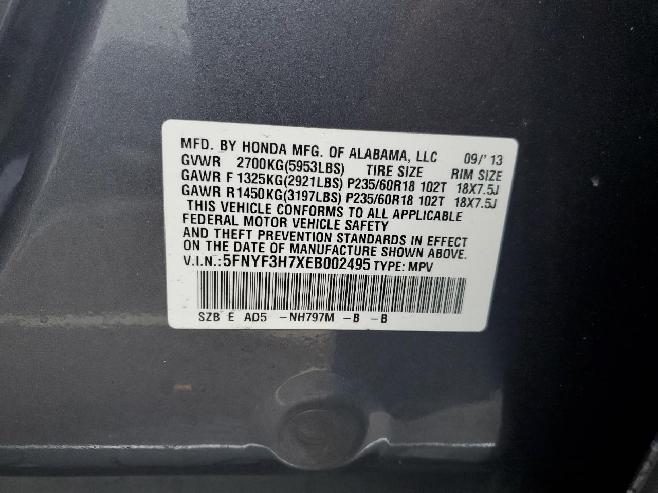 VIN 5FNYF3H7XEB002495 2014 HONDA PILOT no.13