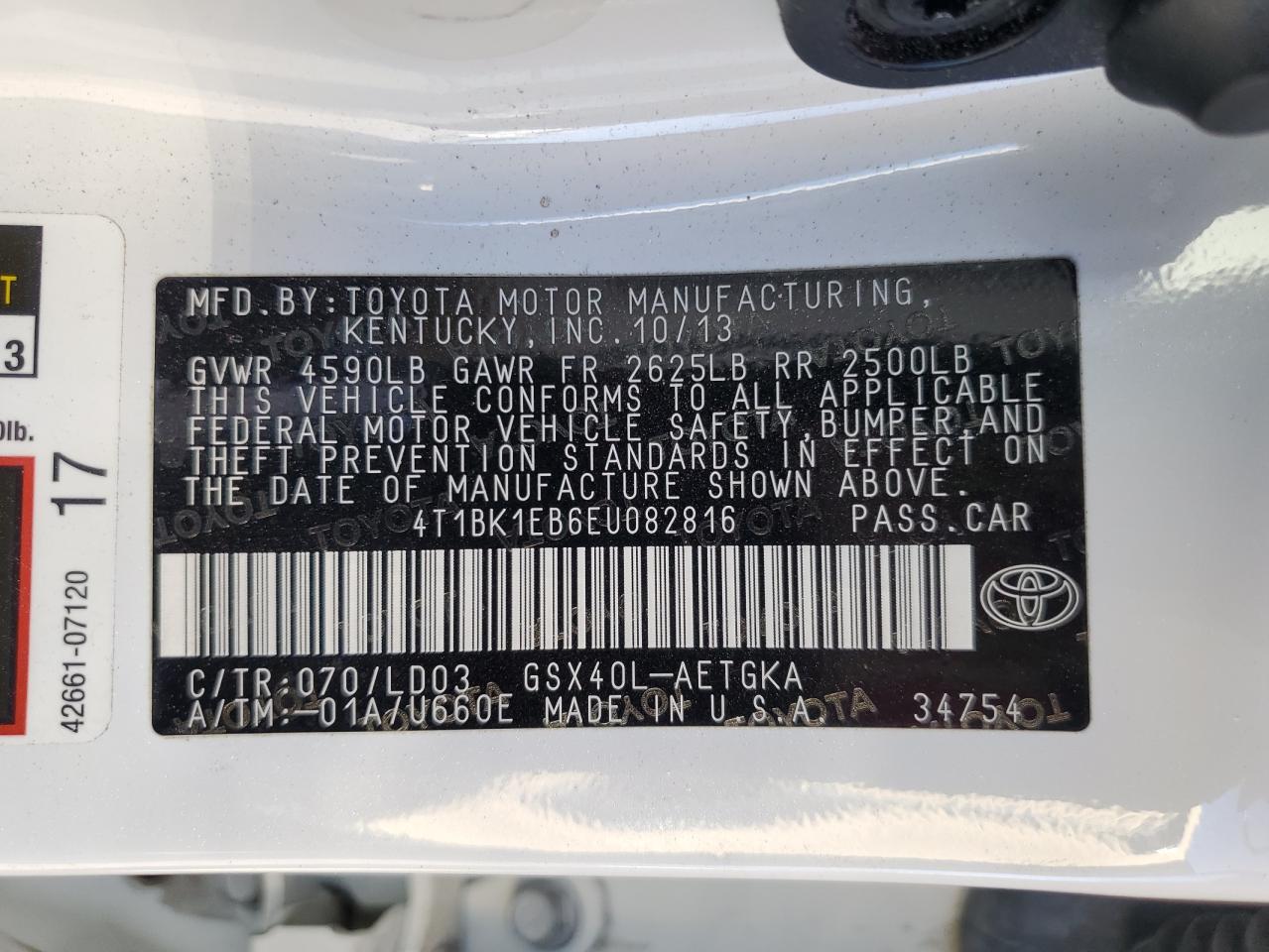 2014 Toyota Avalon Base VIN: 4T1BK1EB6EU082816 Lot: 79670234