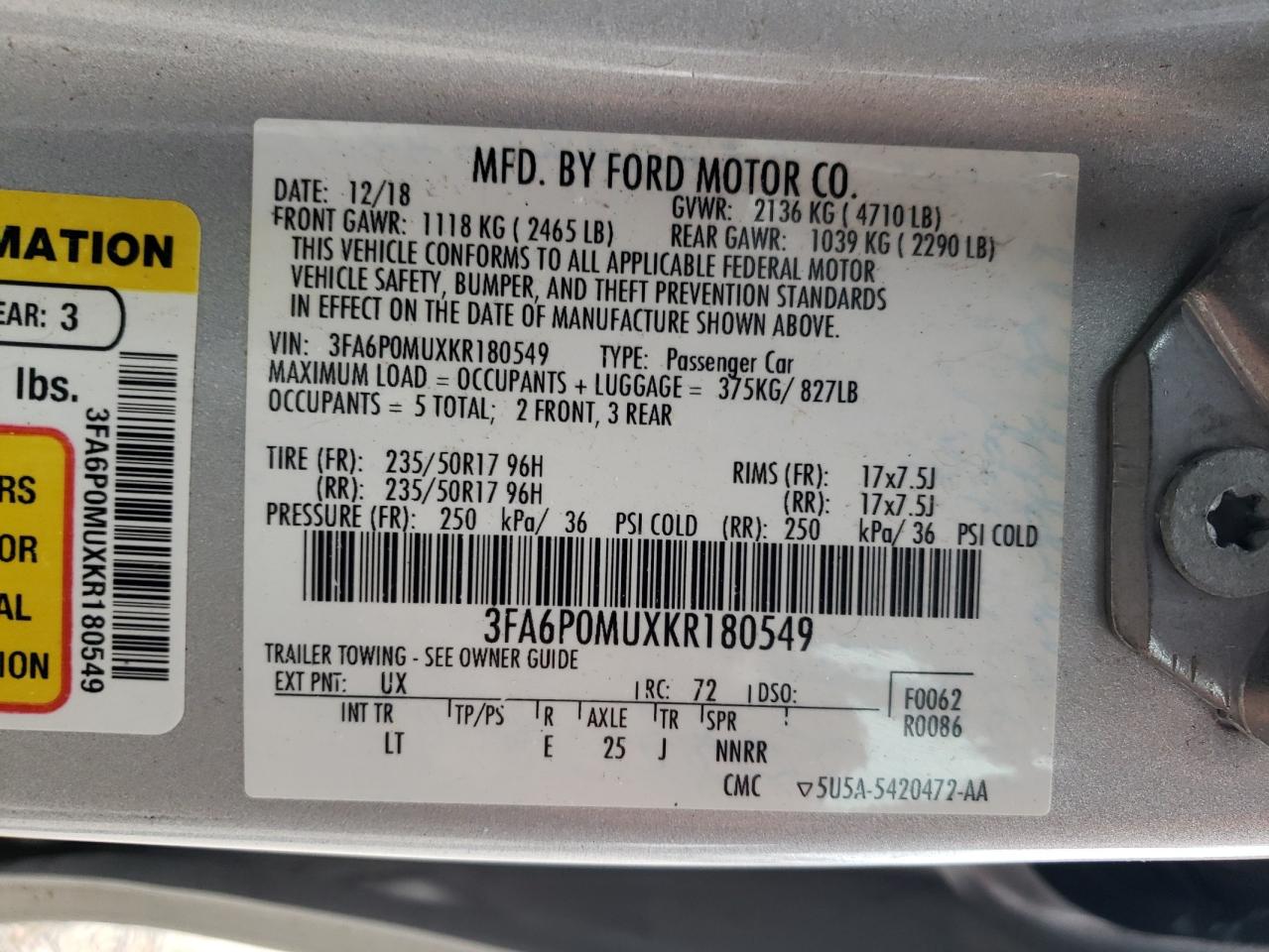 VIN 3FA6P0MUXKR180549 2019 FORD FUSION no.12