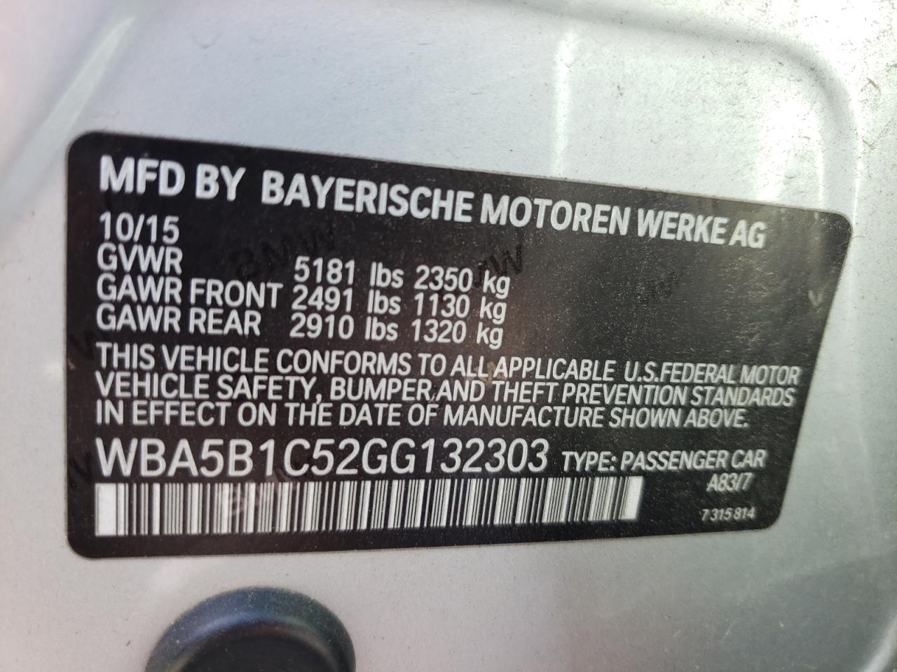 2016 BMW 535 I VIN: WBA5B1C52GG132303 Lot: 79047704