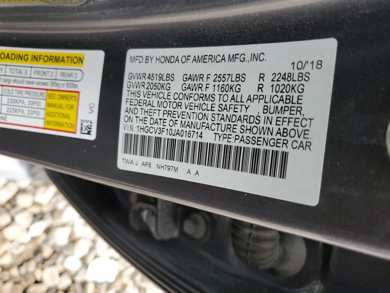 VIN 1HGCV3F10JA016714 2018 HONDA ACCORD no.12