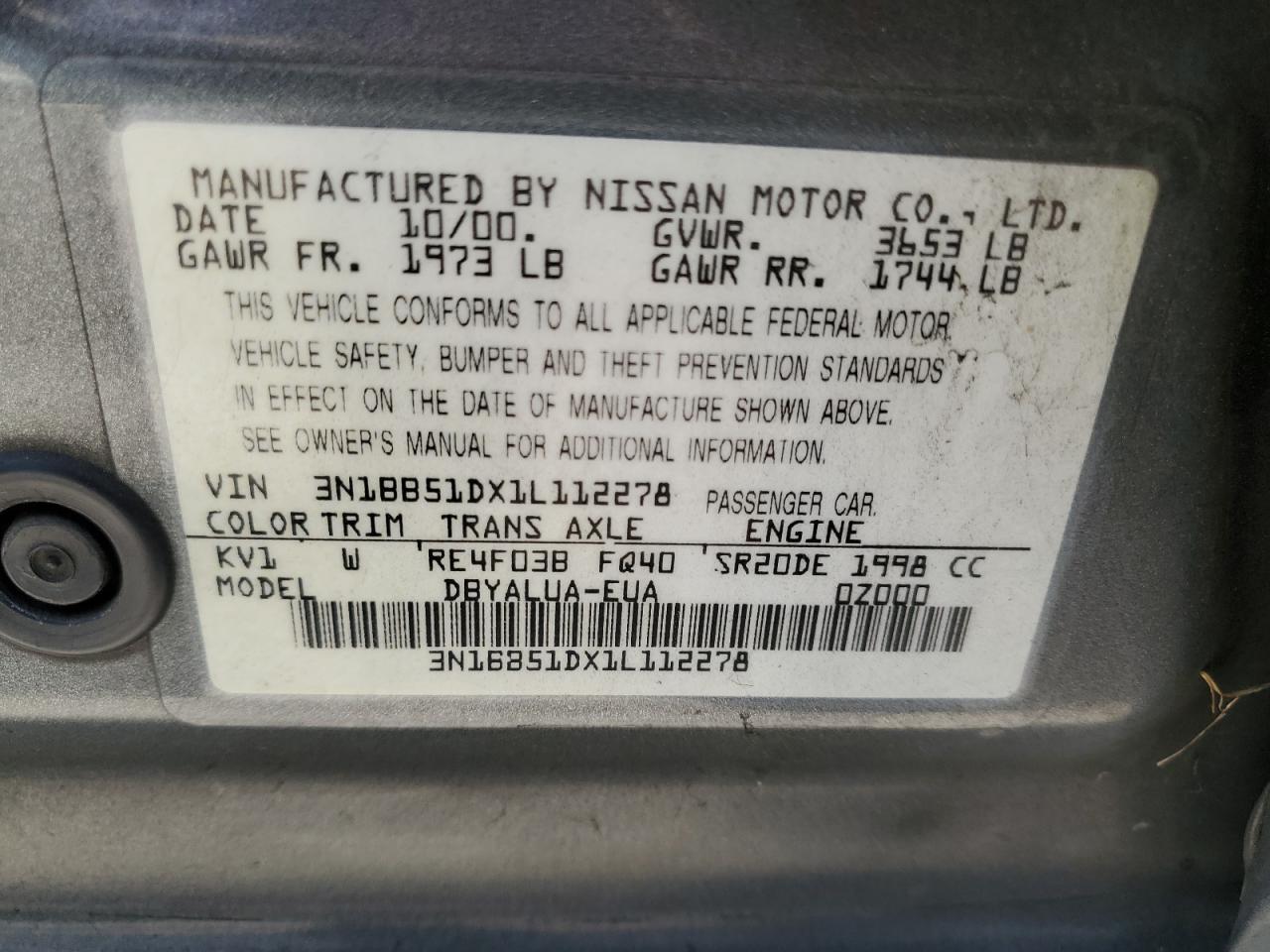 2001 Nissan Sentra Se VIN: 3N1BB51DX1L112278 Lot: 80518944