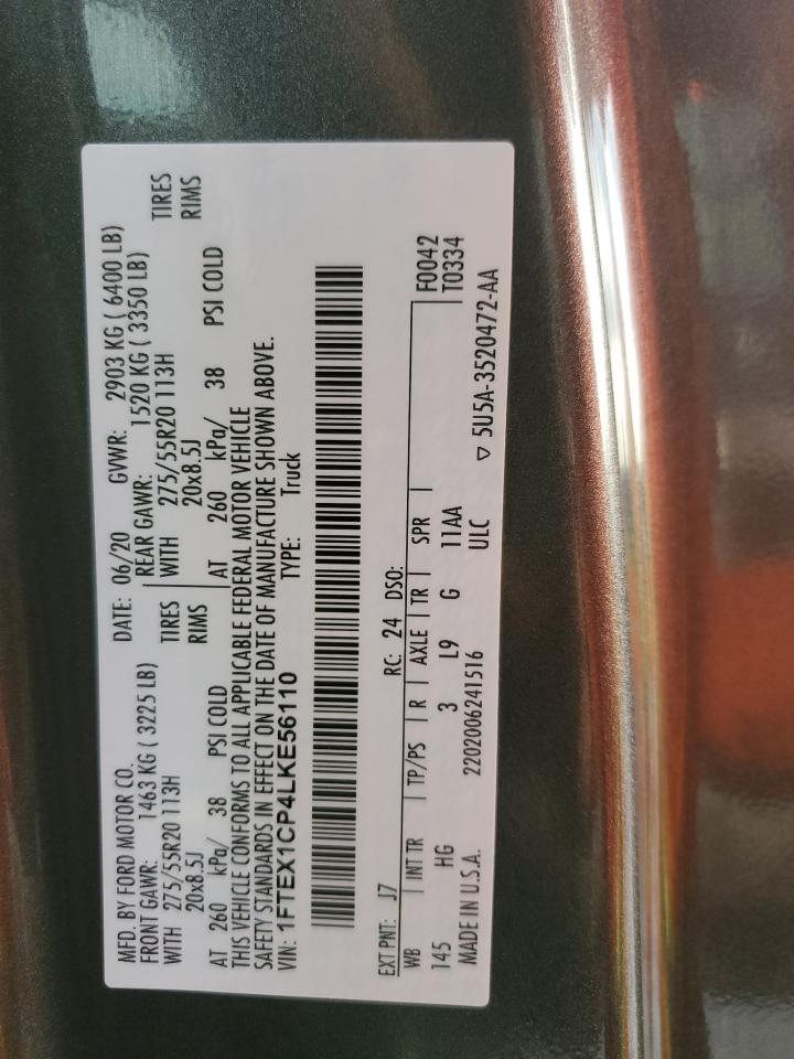 2020 Ford F150 Super Cab VIN: 1FTEX1CP4LKE56110 Lot: 81187924