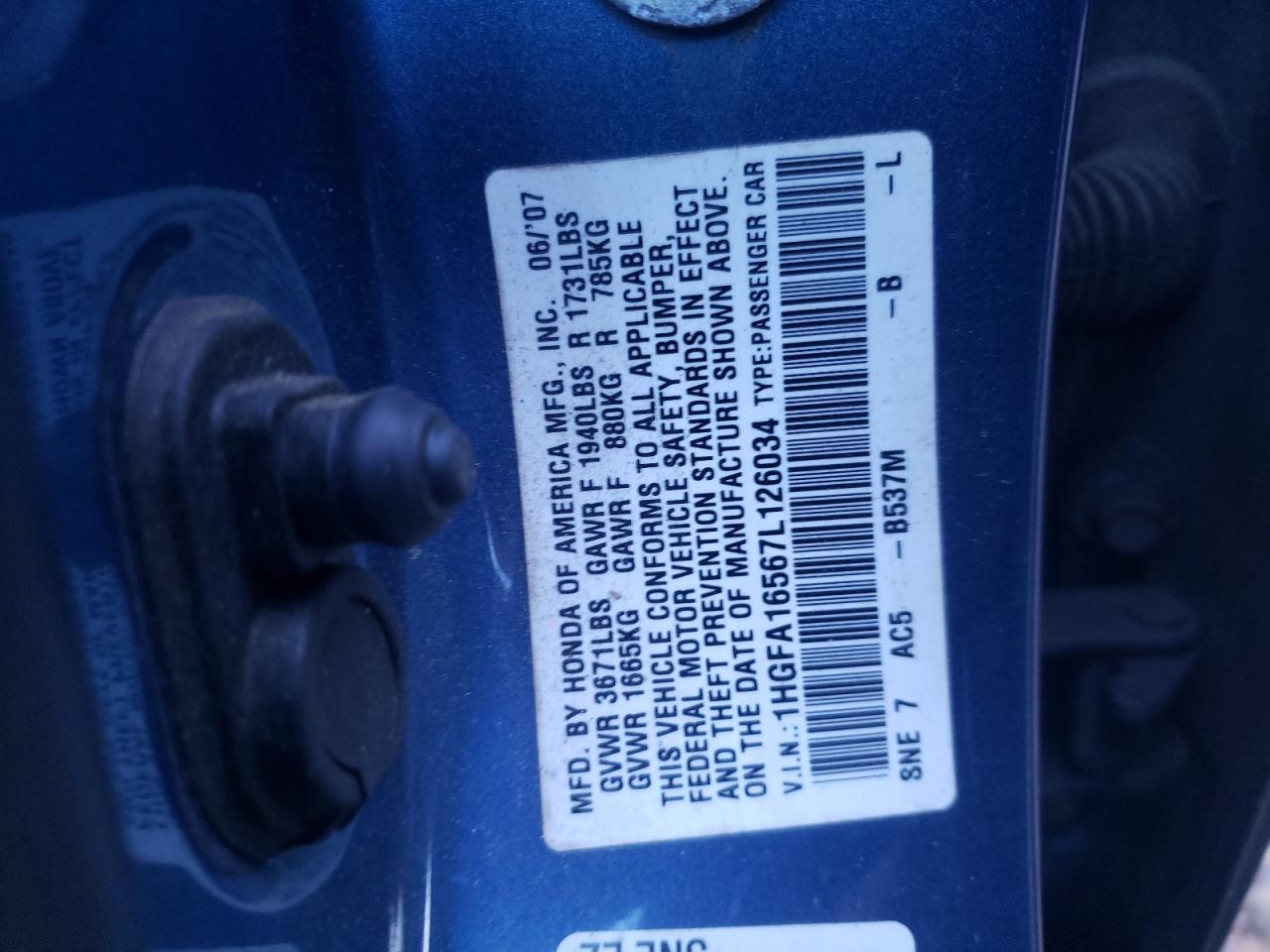 2007 Honda Civic Lx VIN: 1HGFA16567L126034 Lot: 81747174