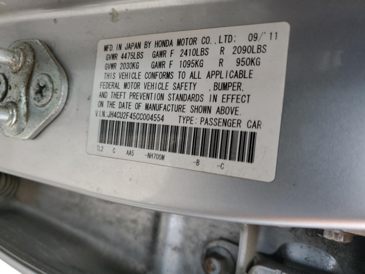 2012 Acura Tsx VIN: JH4CU2F45CC004554 Lot: 82317404