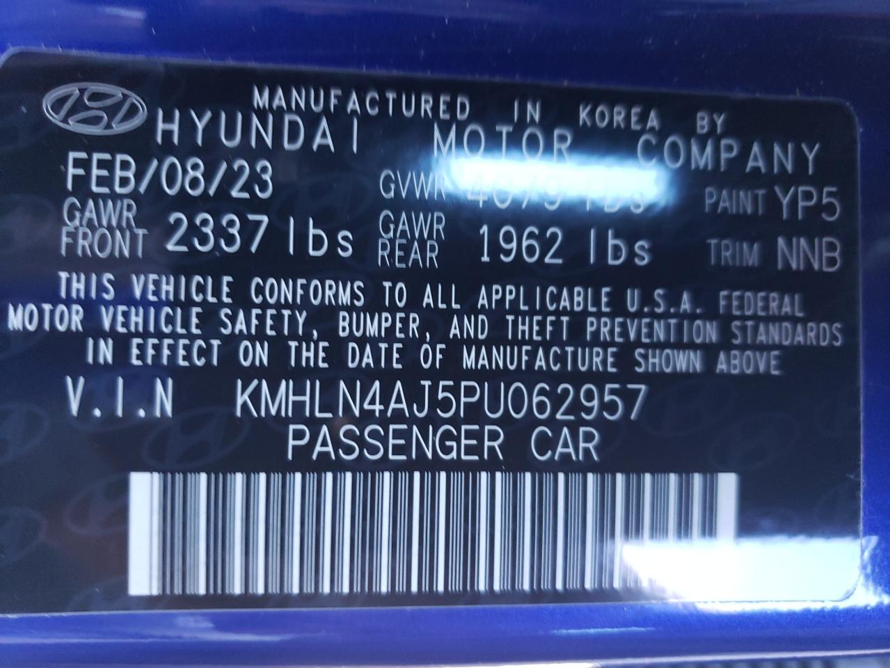 2023 Hyundai Elantra Limited VIN: KMHLN4AJ5PU062957 Lot: 78062984