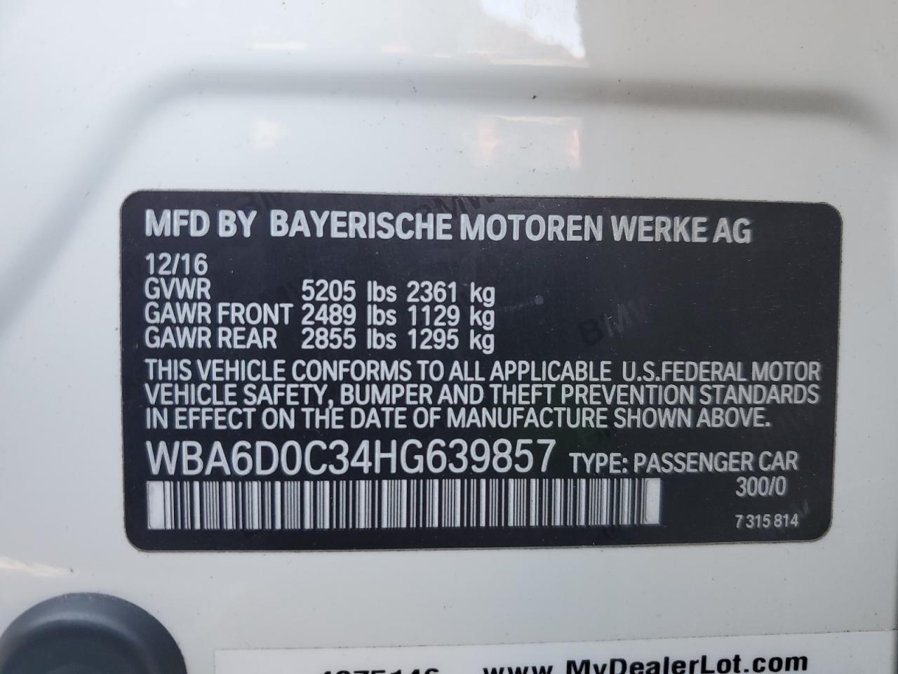 VIN WBA6D0C34HG639857 2017 BMW 6 SERIES no.12